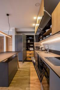 考纳斯Maironis apartment 2的厨房配有不锈钢用具,铺有木地板