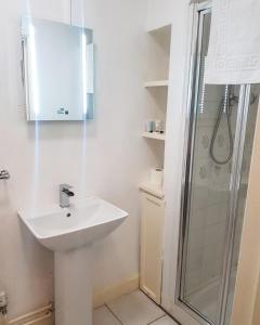 Cinderford小丁之家酒店的白色的浴室设有水槽和淋浴。