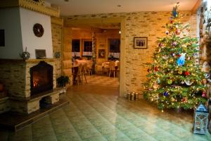 考斯赛力克Willa Izydor, widok na Tatry, pyszne posiłki的带壁炉的客厅里的圣诞树