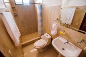 阿约拉港Hostal Sueños Silvestres的浴室配有卫生间、盥洗盆和淋浴。
