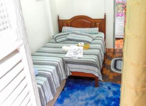 里约热内卢Hostel Recanto de Alegrias em São Cristòvão的一间卧室配有一张蓝色地毯的床