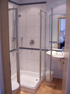 Großostheim兰德加斯托福霍克旅馆的带淋浴、卫生间和盥洗盆的浴室
