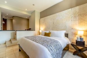 圣多明各霍德帕尼古拉斯奥万多酒店的一间卧室设有一张大床和一面墙