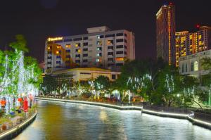 马六甲Tun Fatimah Riverside Hotel的城市的河流,夜晚有建筑物