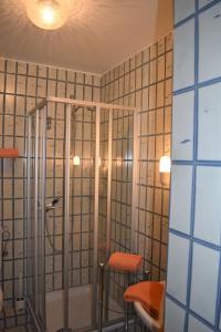 达默Haus am Deich Wohnung 12的一间设有玻璃墙、两把椅子和淋浴的房间