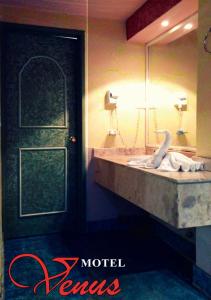贾拉普Auto Hotel Venus的浴室配有带镜子和天鹅的浴缸。