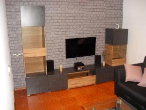 WienrodeFam Stana的一间客厅,在砖墙上配有平面电视