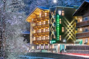 萨尔巴赫Hotel Garni Siegmundshof - inclusive Joker Card im Sommer的雪中带有绿色标志的酒店大楼