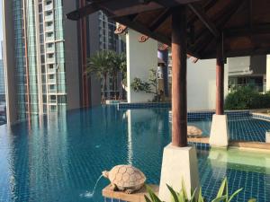曼谷OV Residence的坐在游泳池长凳上的海龟