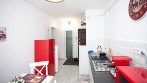 特尔古穆列什Apartament Elena的厨房配有红色家电和红色冰箱