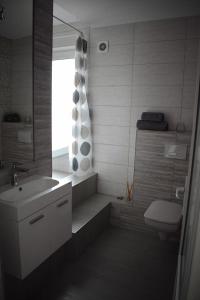 克卢日-纳波卡Bruno Apartment的一间带水槽和卫生间的浴室以及窗户。