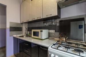 第聂伯罗Apartments for your happiness的厨房配有炉灶和白色微波炉。