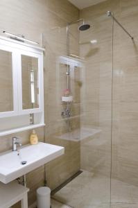 布尔诺Oltec Apartment Brno的一间带水槽和玻璃淋浴的浴室