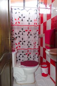 明多Mindoxtrem Birds的浴室设有卫生间和红色和白色的淋浴帘