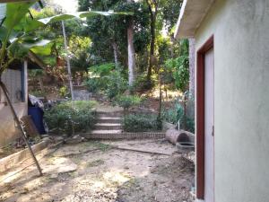 Kampong MerbokDZe Homestay Singkir Genting的享有带楼梯和树木的花园的外部景色