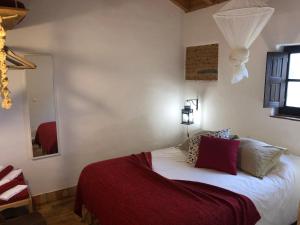 圣特奥托纽Quinta das Beldroegas - Casas de Campo的一间卧室配有一张带红色毯子的床