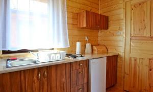 鲁斯诺沃Domki u Małgosi的厨房配有木制橱柜、水槽和窗户。