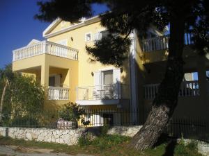 斯卡拉Nikolaos Studios Skala的前面有一棵树的黄色房子
