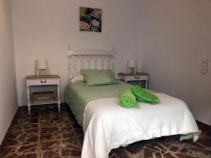 圣克莱门特Home Sancle的一间卧室配有两张带绿床单的床和两张桌子。