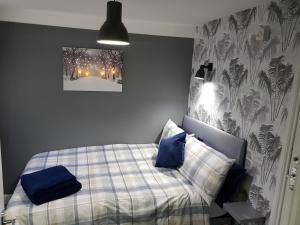 诺丁汉Chatterley House的一间卧室配有一张带蓝色枕头的床。