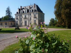 Saint-Hilaire-en-MorvanCabane Perchée dans les Arbres的一座前方有粉红色花的老房子