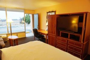 劳顿Castle Inn & Suites的配有一张床和一台平面电视的酒店客房