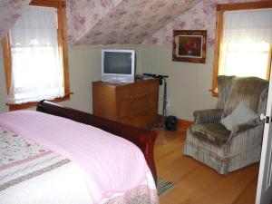 Stayner加不勒斯住宿加早餐酒店的一间卧室配有一张床、一台电视和一把椅子