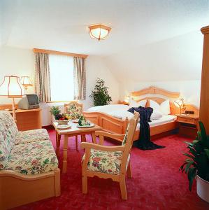 劳尔Hotel - Gasthof Spessarttor的酒店客房带一张床、一张桌子和椅子