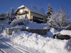 温佩尔克Apartman Kublovi的一座有房子和汽车的雪地覆盖的院子