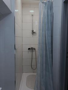 里斯本卢斯索里亚诺公寓的浴室内配有蓝色淋浴帘