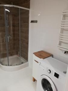 罗兹Apartament Centrum Więckowskiego的带淋浴和洗衣机的白色浴室