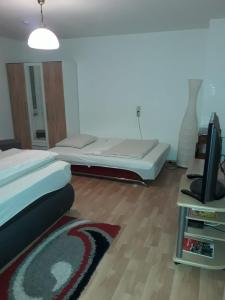 莱茵河畔威尔Ferienwohnung Grimmer的一间卧室配有一张床和一台平面电视