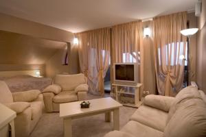 潘尼希特Hotel Temenuga的一间带一张床的客厅和一间带沙发的客厅