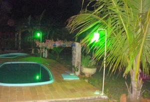 奥林匹亚Pousada Recanto Lara的游泳池旁的绿色街道灯