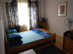 罗夫诺Apartment Stepana Bandery Street的一间卧室配有一张带蓝色床单的床和一扇窗户。