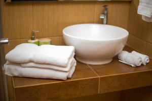 圣萨尔瓦多Terra Bella Hotel Boutique的一间带水槽和台面毛巾的浴室