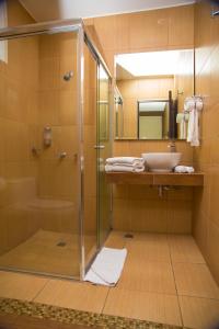 圣萨尔瓦多Terra Bella Hotel Boutique的一间带玻璃淋浴和水槽的浴室