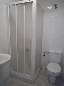 卢戈彭特维拉旅馆的带淋浴、卫生间和盥洗盆的浴室