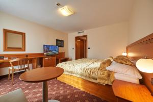 森介斯布里卓瓦戈克罗斯卡酒店的配有一张床、一张桌子和一张桌子的酒店客房
