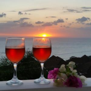 白豪斯Villa Malvina的两杯酒,背景是日落