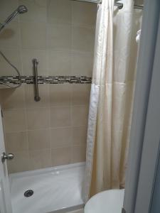 因特考斯旅行者休息汽车旅馆的带淋浴帘和卫生间的浴室