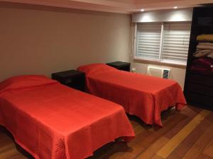 贝拉维斯塔Aires de Río的红色床单的客房内的两张床