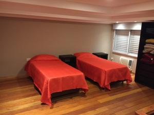 贝拉维斯塔Aires de Río的宿舍间内的两张床,配有红色床单