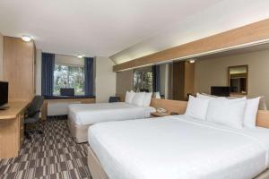 安克雷奇Baymont Inn & Suites by Wyndham Anchorage Airport的酒店客房配有两张床和一张书桌