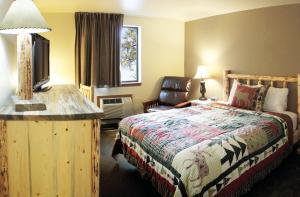 PonderayFairBridge Inn and Suites Sandpoint的一间卧室配有一张床、一把椅子和电视