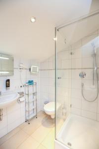 克罗伊特Schwaigeralm的带淋浴、卫生间和盥洗盆的浴室