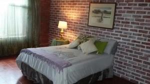 谢普斯敦港Isigidi Beach House的一间卧室设有砖墙和一张床
