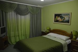 切尔诺夫策诺斯公寓 的一间卧室配有一张带绿色墙壁和窗帘的床