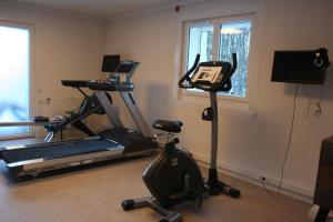 托隆Domaine de Maravant - Centre de vacances的一间设有跑步机和电视的健身房