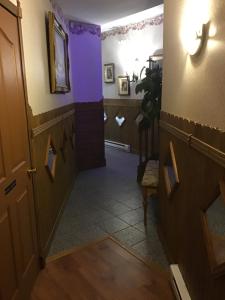 圣弗朗索瓦小河金色旅馆的一条带紫色墙壁和门的走廊